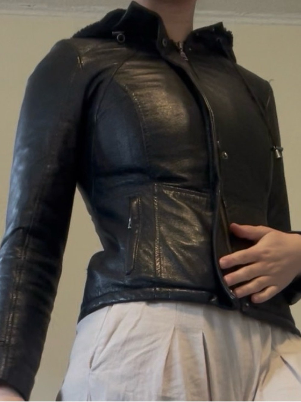Incredible Hooded Danier Cropped Moto Leather Jacket - Picture 4 of 5